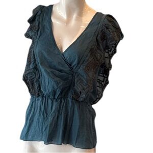 Tiny Teal Flutter Sleeve Embroidered Surplice Neckline Peplum Cotton Top Size 8